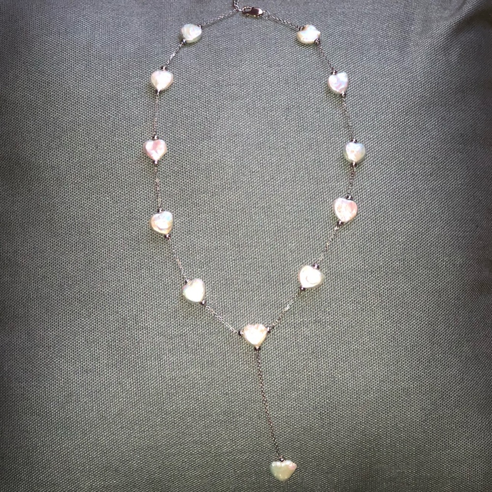 Fresh water heart pearl station lariat necklace